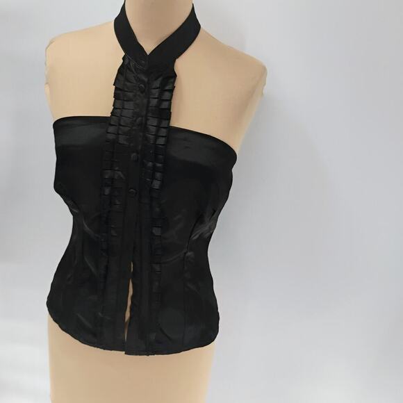Forever 21 Women Tops Black y2k satin halter top ruffle tuxedo - Picture 6 of 12